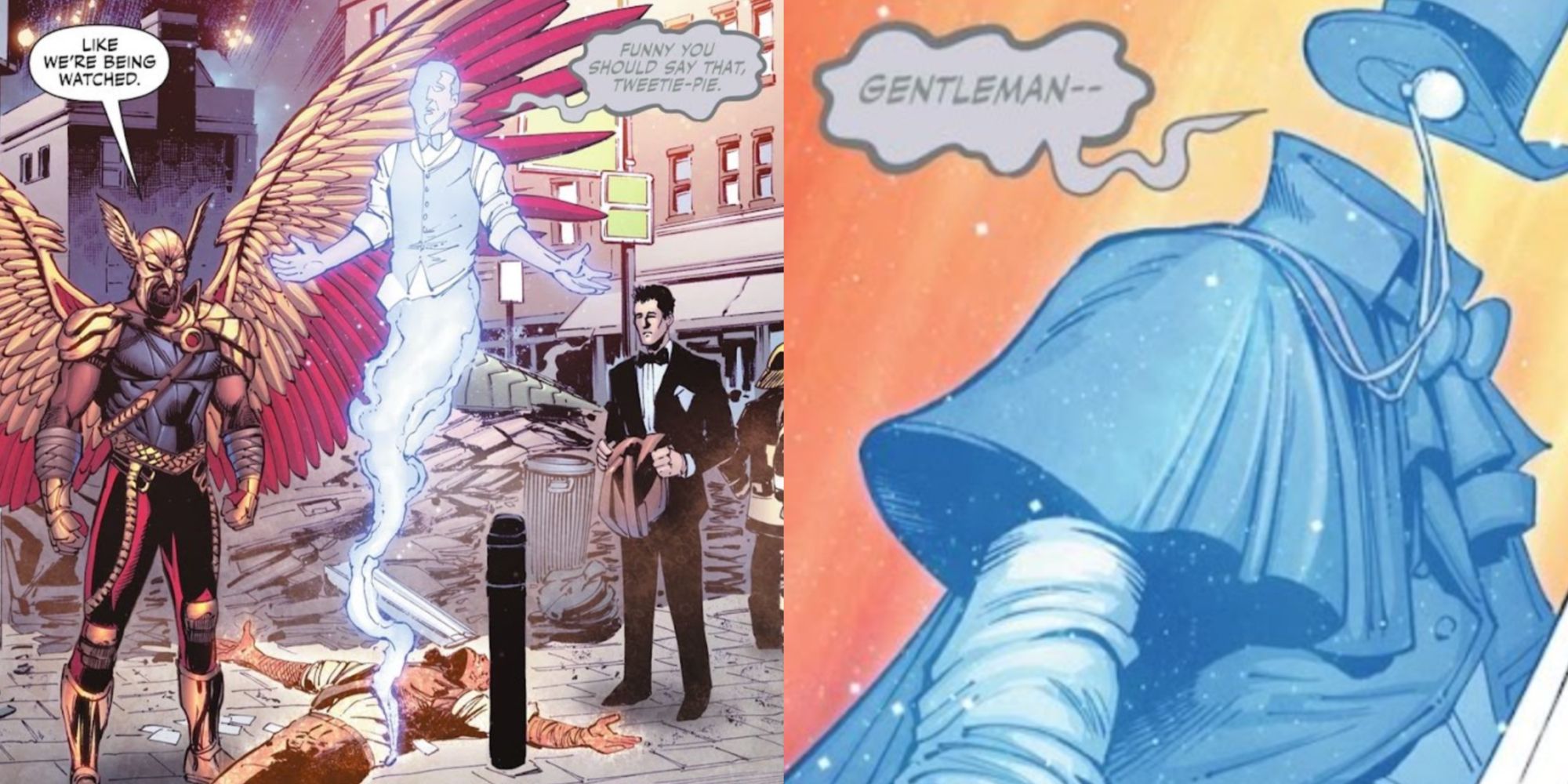 Split image of Hawkman meeting Gentleman Ghost in The Justice Society Files