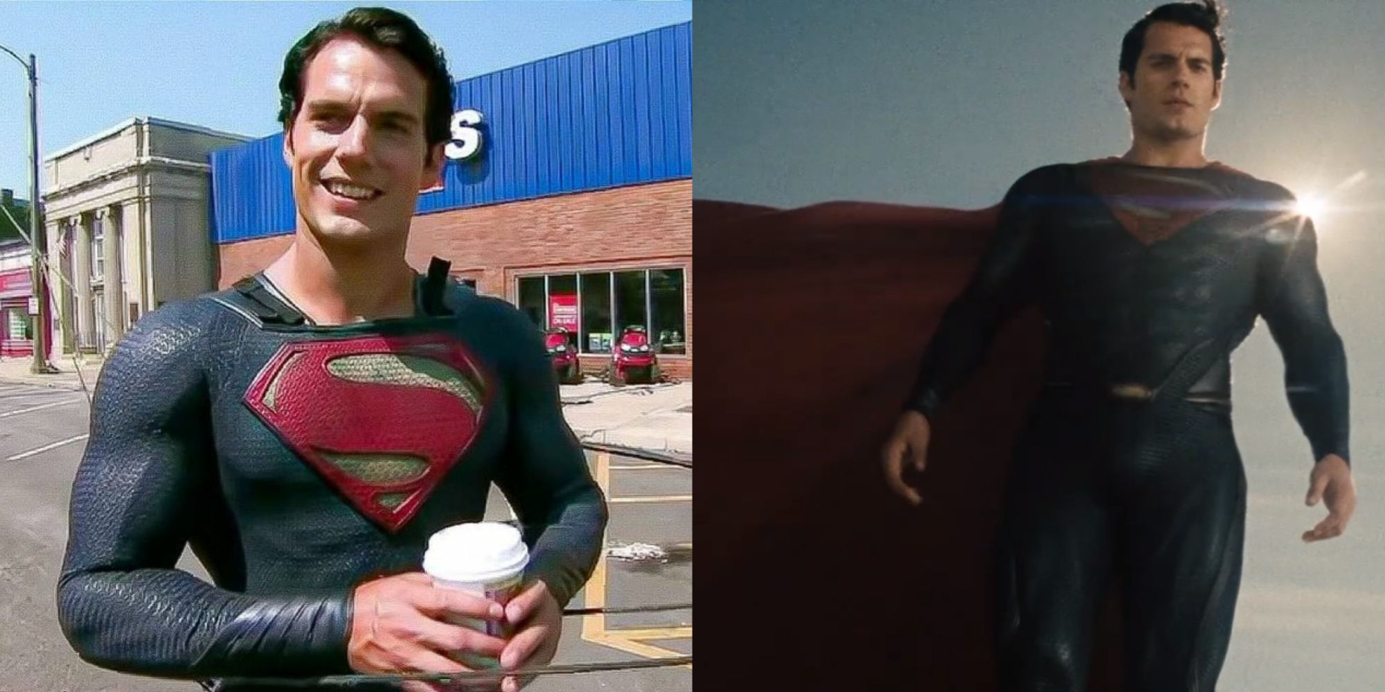 Split image of Henry Cavill without a cape behind the scenes in and Superman hovering over the military in Man Of Steel (2013)