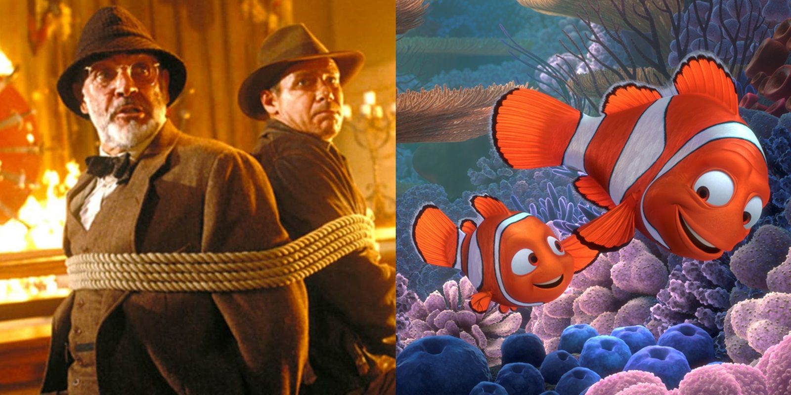 Split image of Indy and Henry Sr in Indiana Jones and the Last Crusade and Marlin and Nemo in Finding Nemo