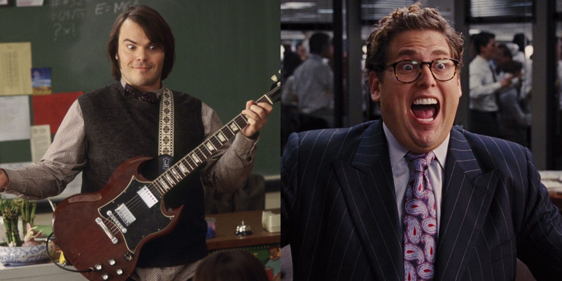 Split image of Jack Black in School of Rock and Jonah Hill in The Wolf of Wall Street