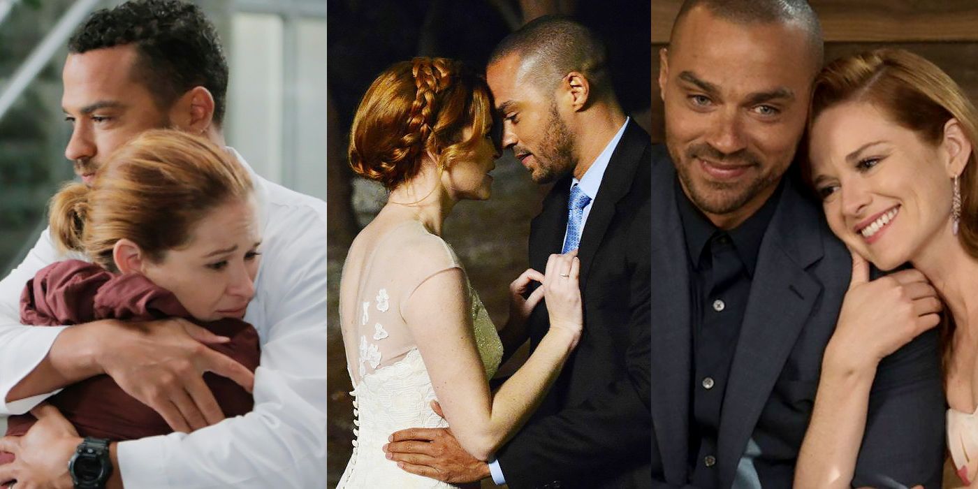 Split image of Jackson And April hugging, kissing after eloping and hugging at Alex's wedding on Grey's Anatomy