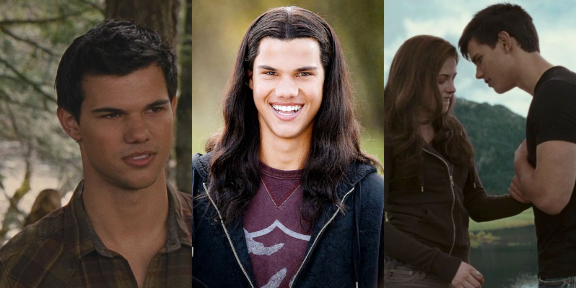 Split image of Jacob Black looking at Renesmee, smiling with long hair, and making Bella put her hand on his chest