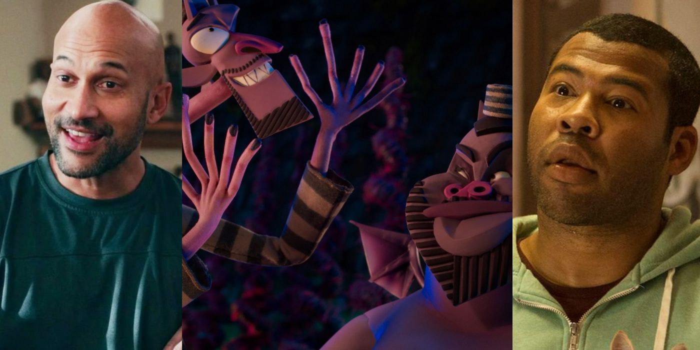 Split image of Keegan-Michael Key smiling, Wendell and Wild scheming, and Jordan Peele smiling  (1)