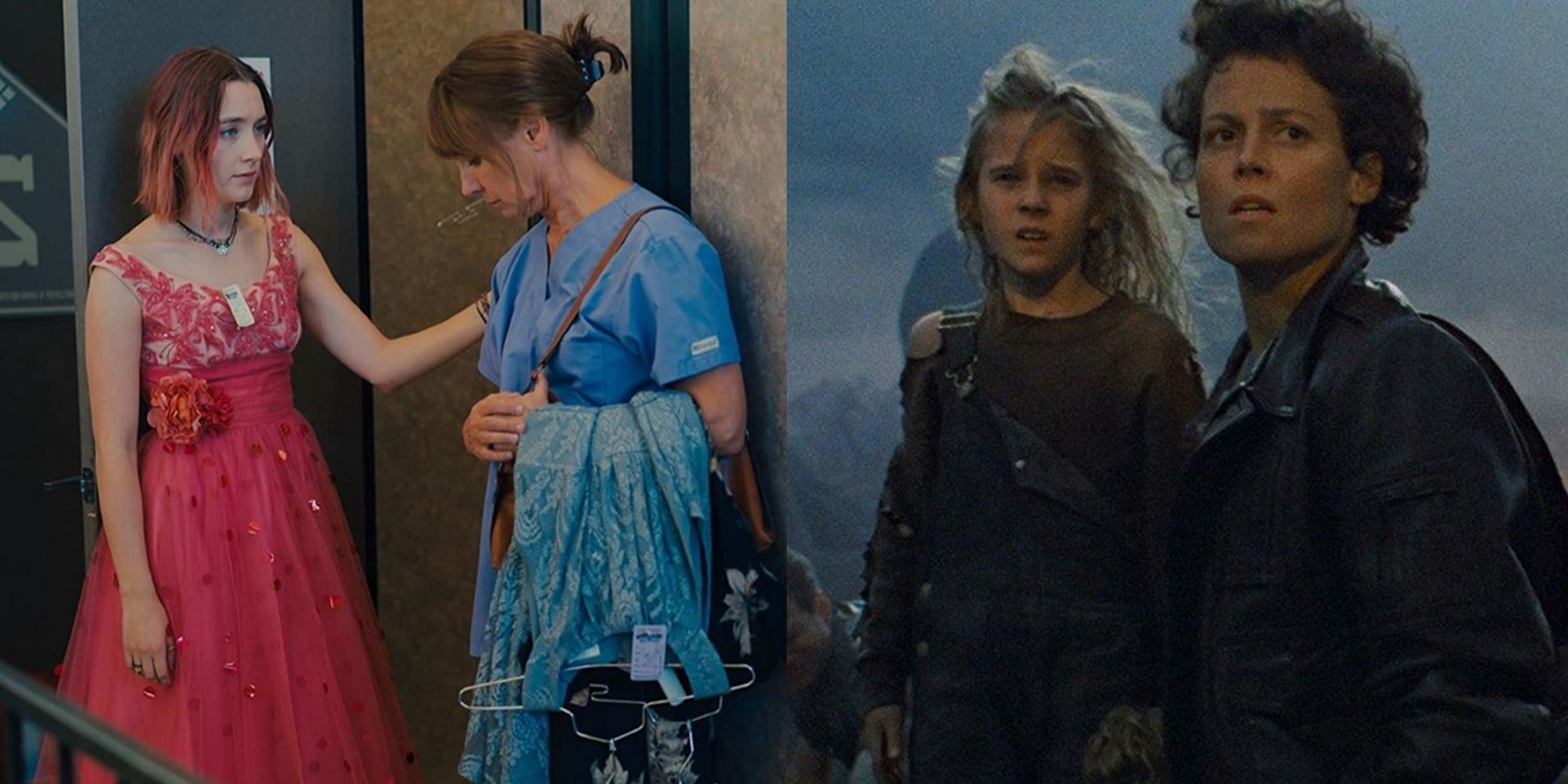 Split image of Marion and Christine in Lady Bird and Ripley and Newt in Aliens