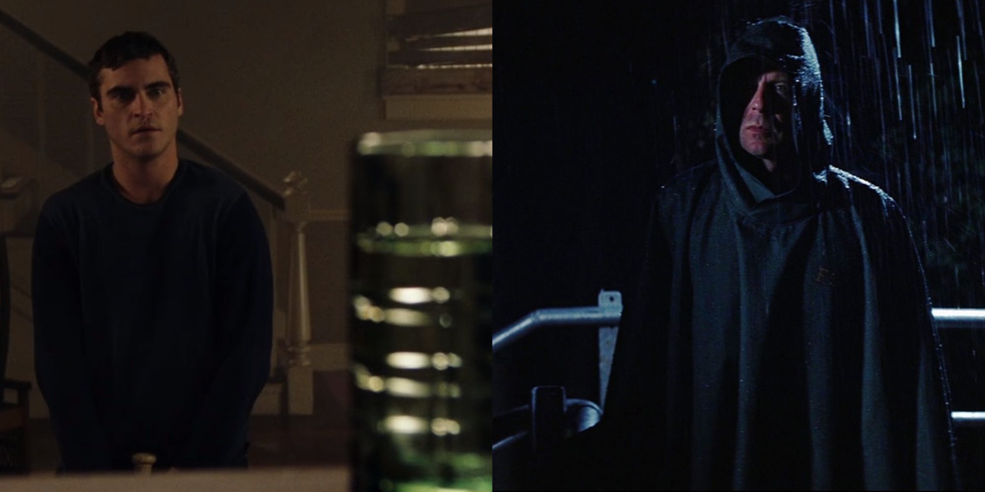 Imagem dividida de Merrill olhando para um copo d'água em Signs (2002) e David Dunn AKA Overseer parado na chuva em Unbreakable (2000)