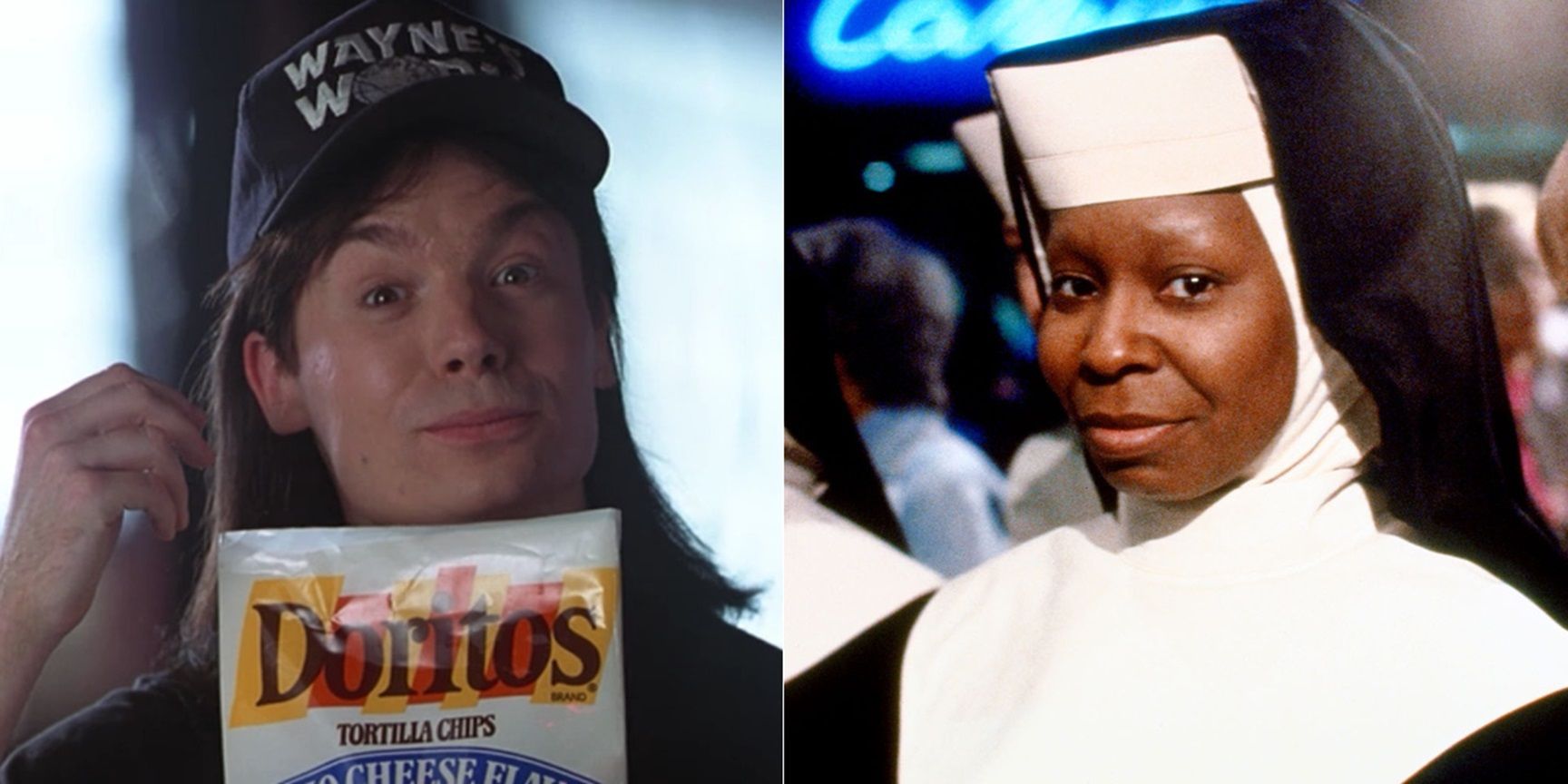 Split image of Mike Myers in Wayne's World and Whoopi Goldberg in Sister Act
