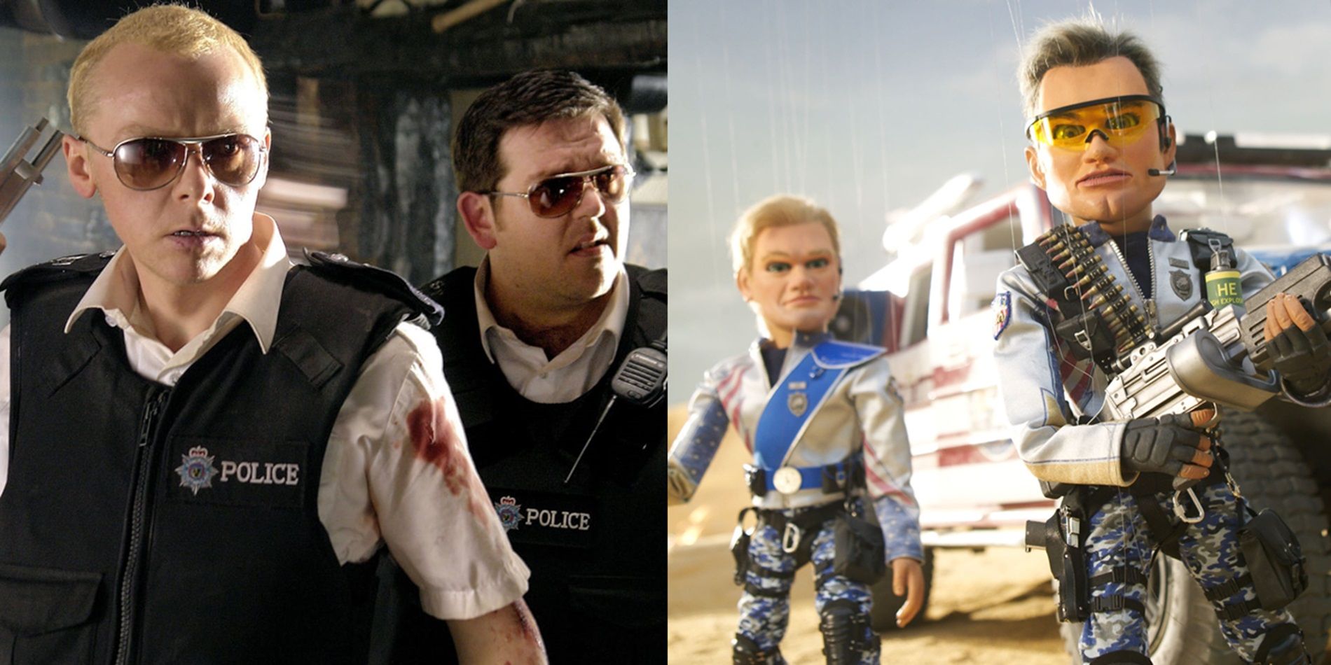 Split image of Nicholas and Danny in Hot Fuzz and two puppets in Team America