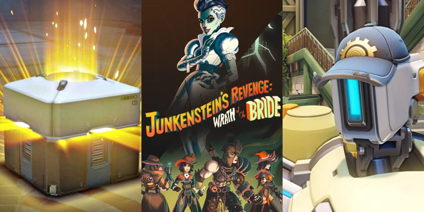 Split image of Overwatch 2 halloween terror event, bastion, and loot boxes from the original Overwatch