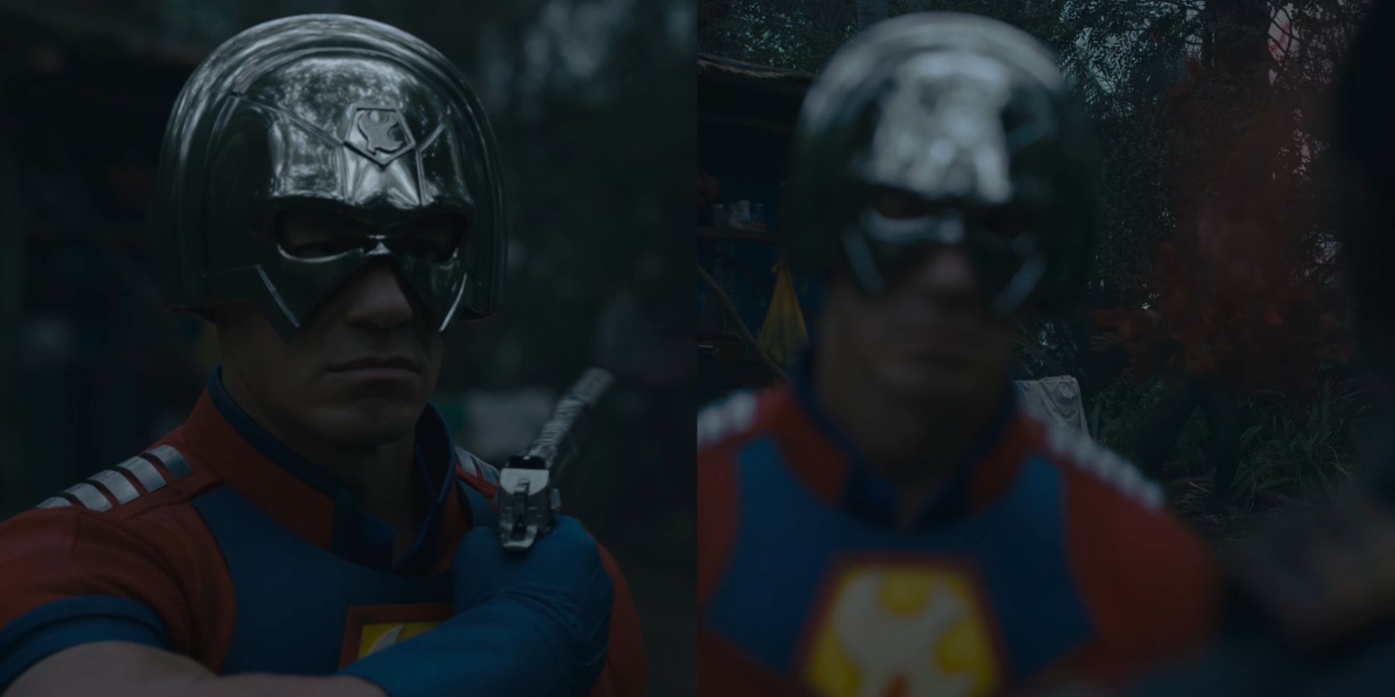 Split image of Peacemaker killing a man with an explosive bullet in James Gunn&rsquo;s The Suicide Squad (2021)