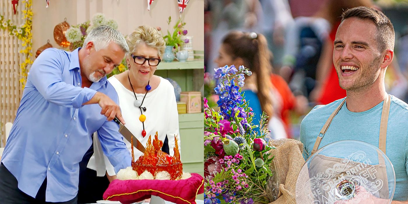 Split image of Prue and Paul on Great British Bake Off cutting into a cake and David winning season 10 with the plate and flowers
