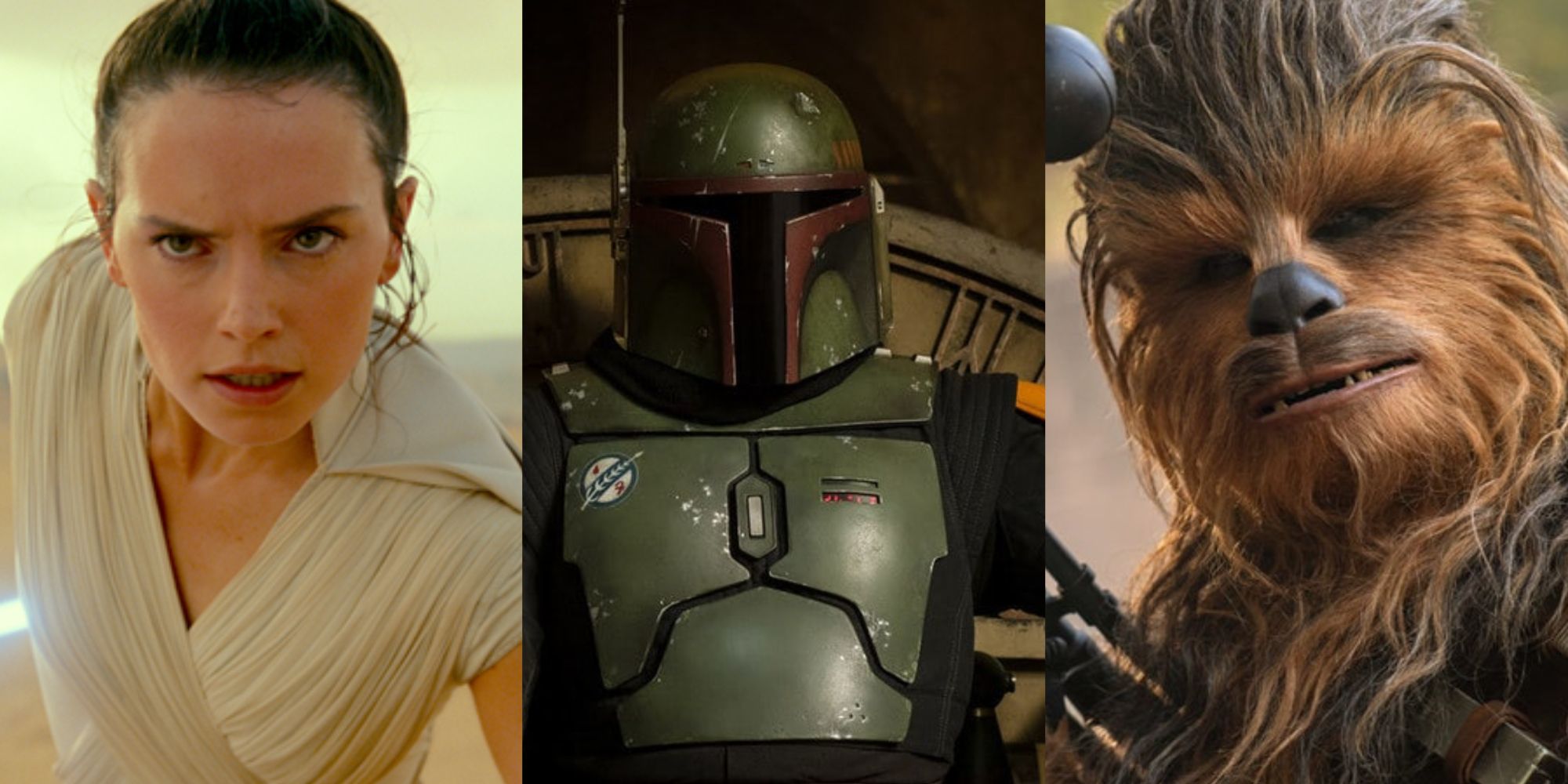 Split image of Rey, Boba Fett and Chewbacca Star Wars feature