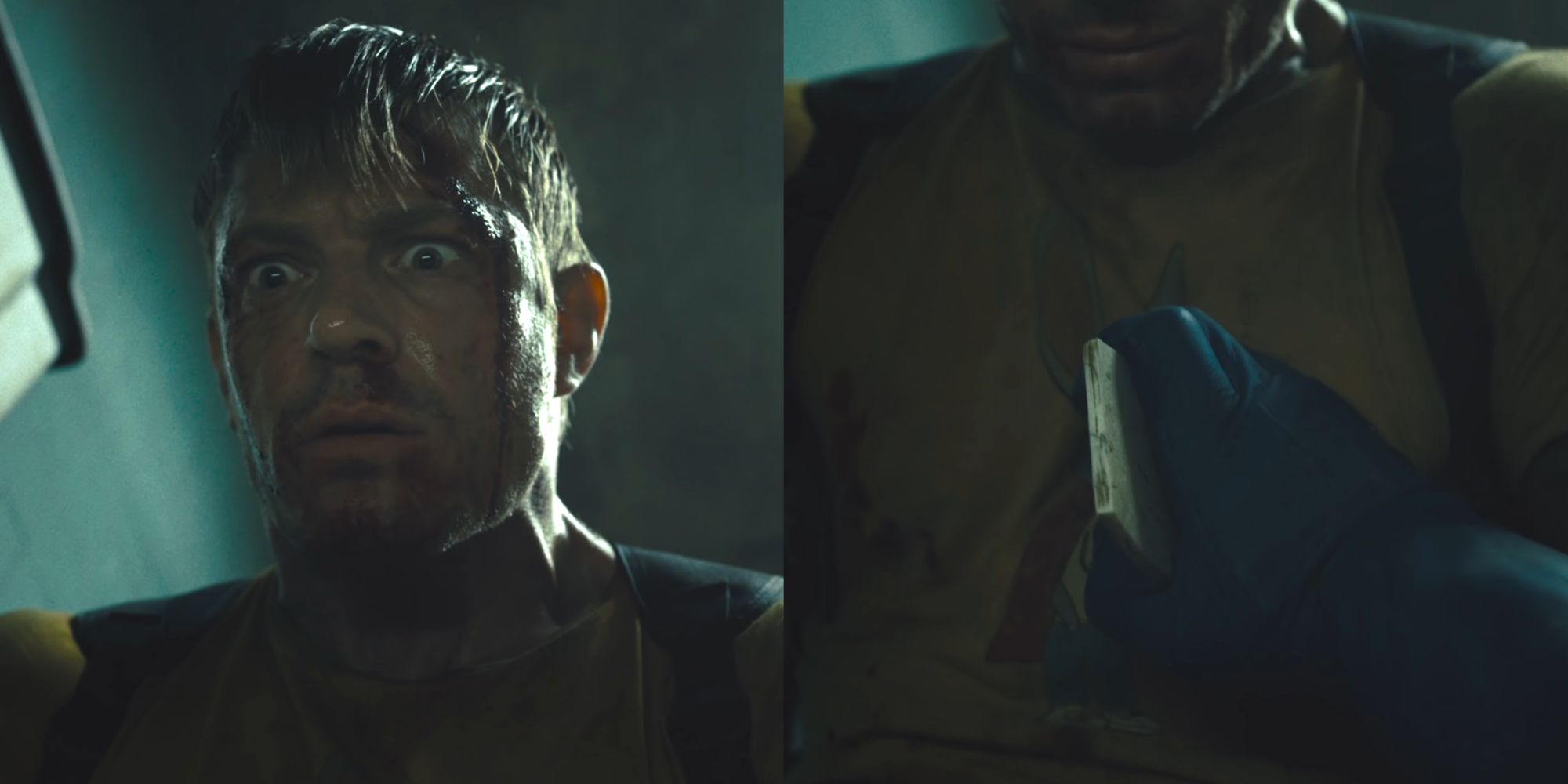 Split image of Rick Flag being stabbed by Peacemaker in James Gunn&rsquo;s The Suicide Squad (2021)