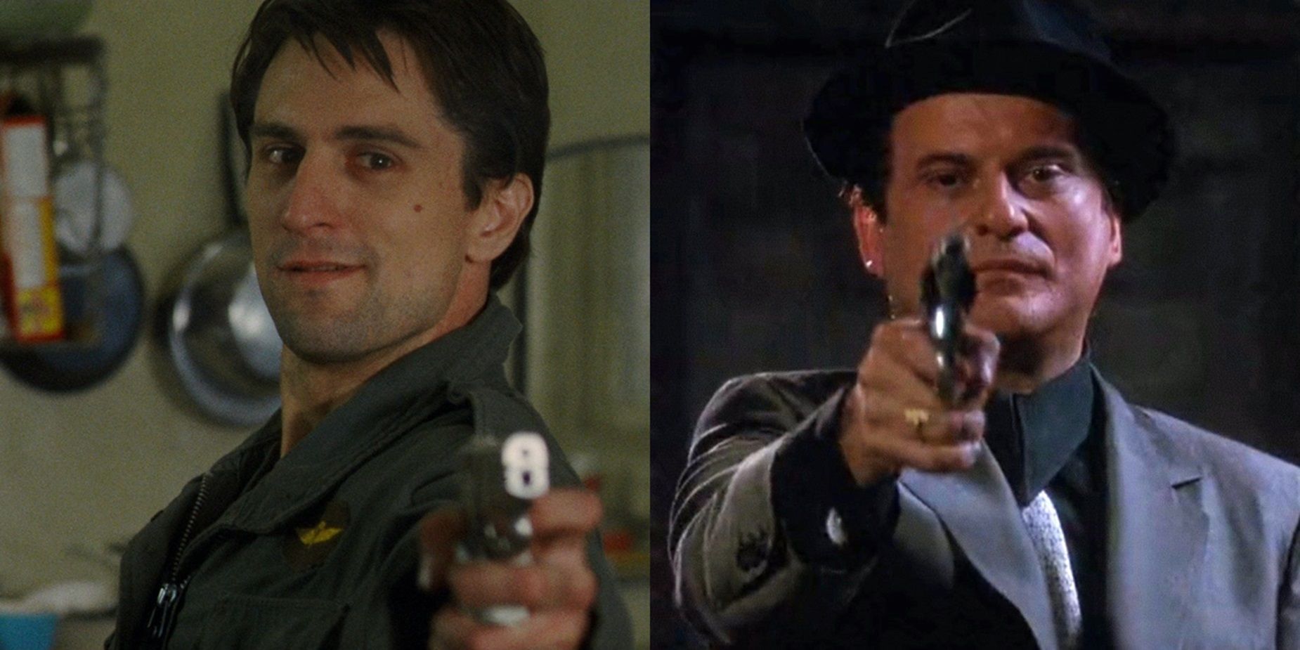 Split image of Robert De Niro with a gun in Taxi Driver and Joe Pesci with a gun in Goodfellas