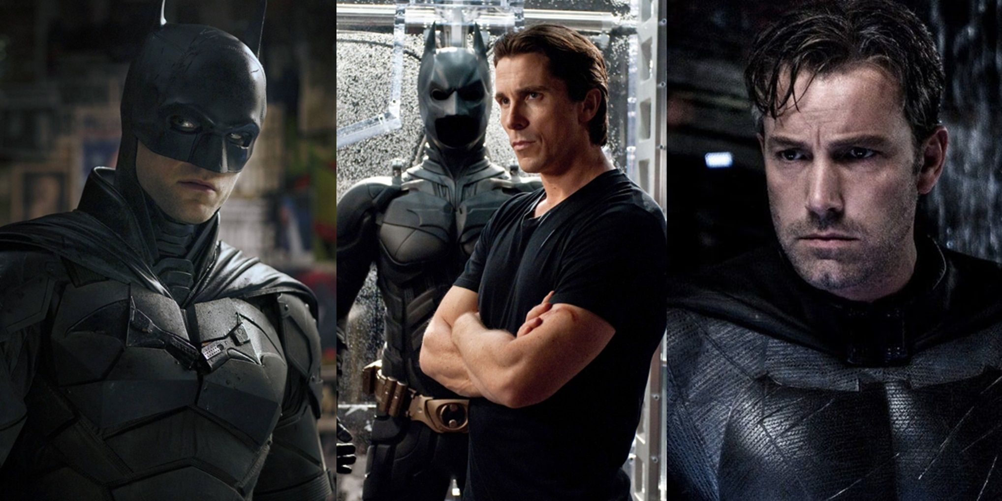 Split image of Robert Pattinson in The Batman, Christian Bale in The Dark Knight Rises, and Ben Affleck in Batman v Superman