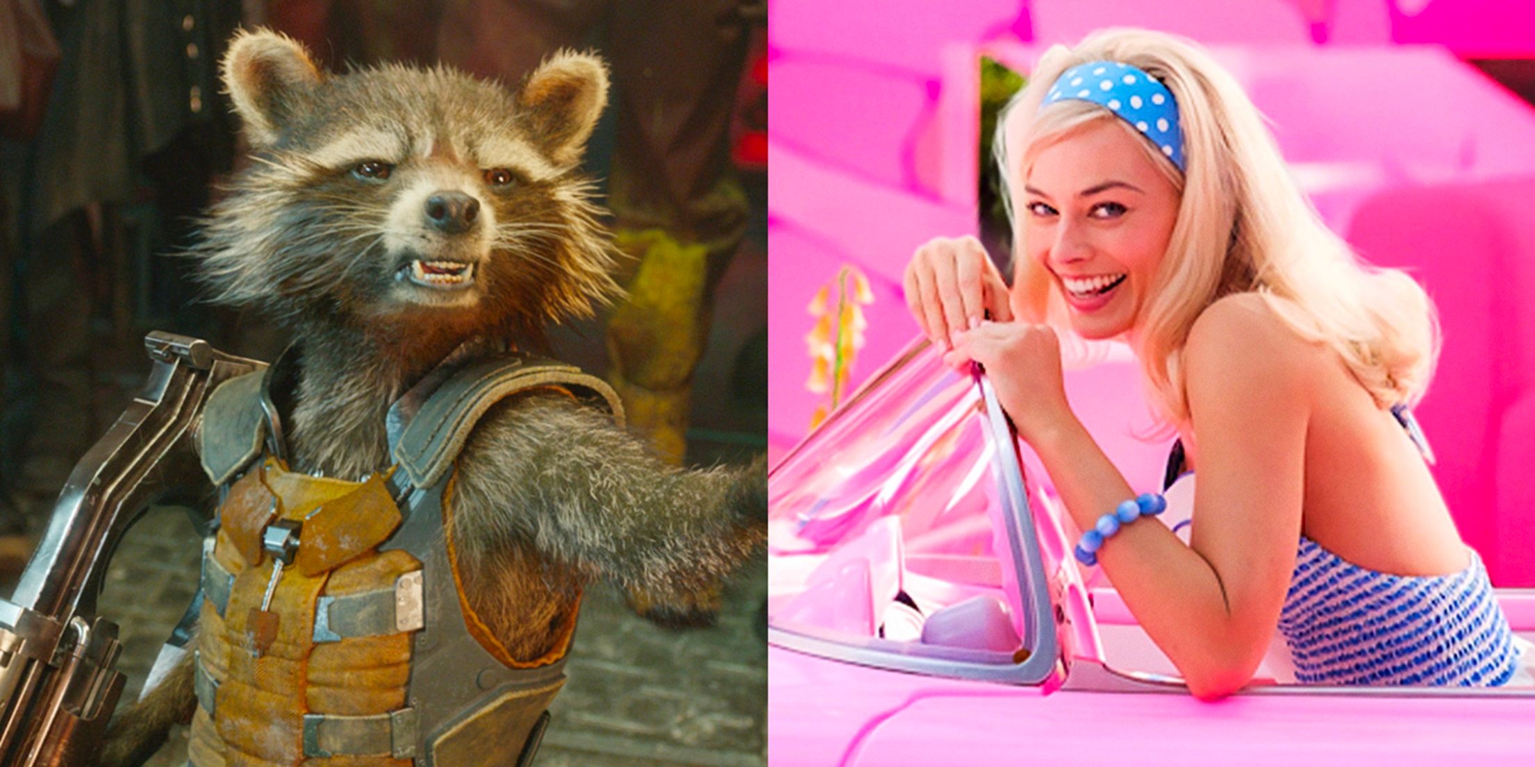 Split image of Rocket in Guardians of the Galaxy and Margot Robbie in Barbie