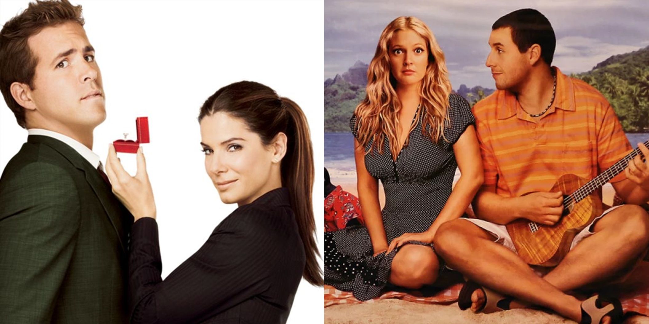 Split image of Ryan Reynolds and Sandra Bullock on The Proposal poster and Adam Sandler and Drew Barrymore on the 50 First Dates poster