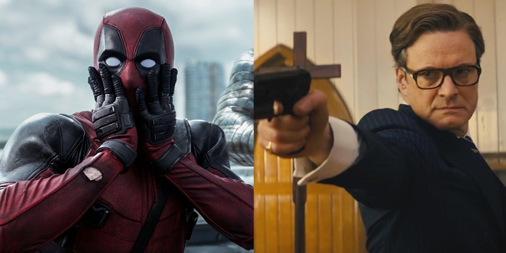 Split image of Ryan Reynolds in Deadpool and Colin Firth in Kingsman