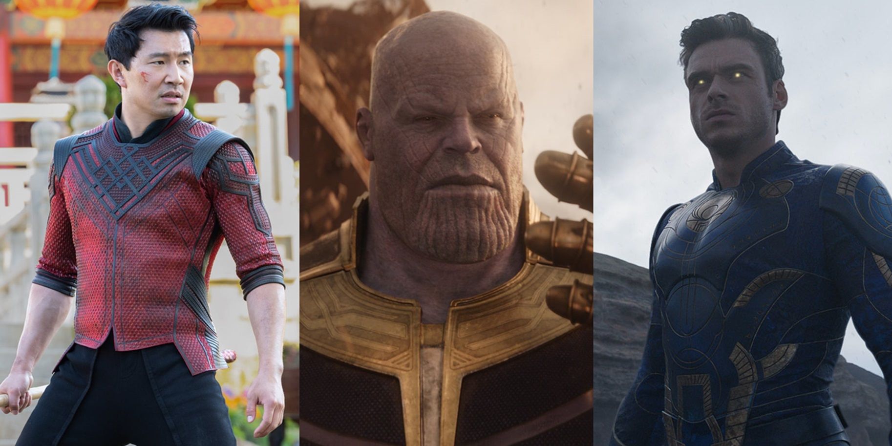 Split image of Shang-Chi, Thanos, and Ikaris in the MCU