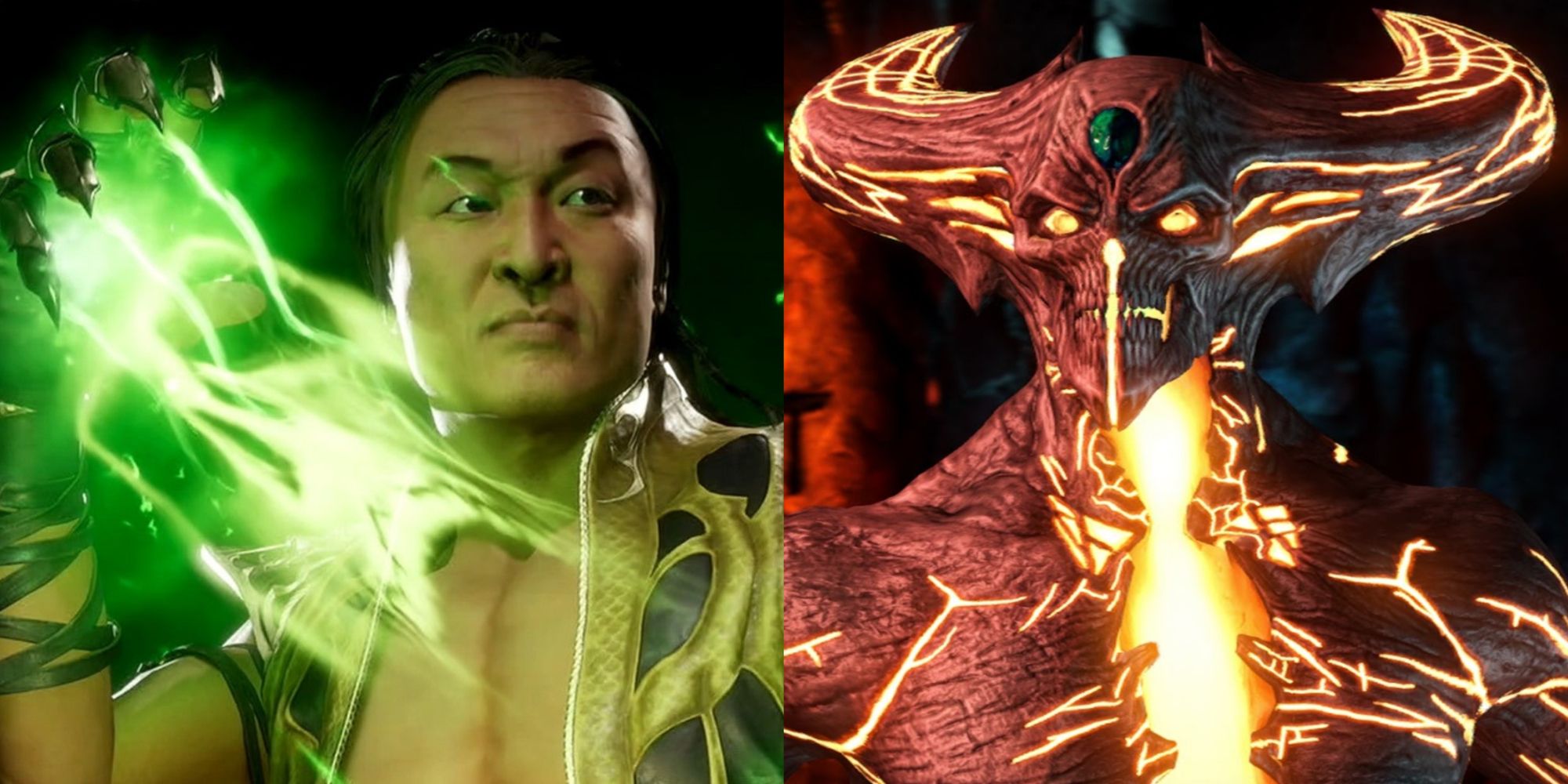 Split image of Shang Tsung and Corrupted Shinnok from the Mortal Kombat franchise