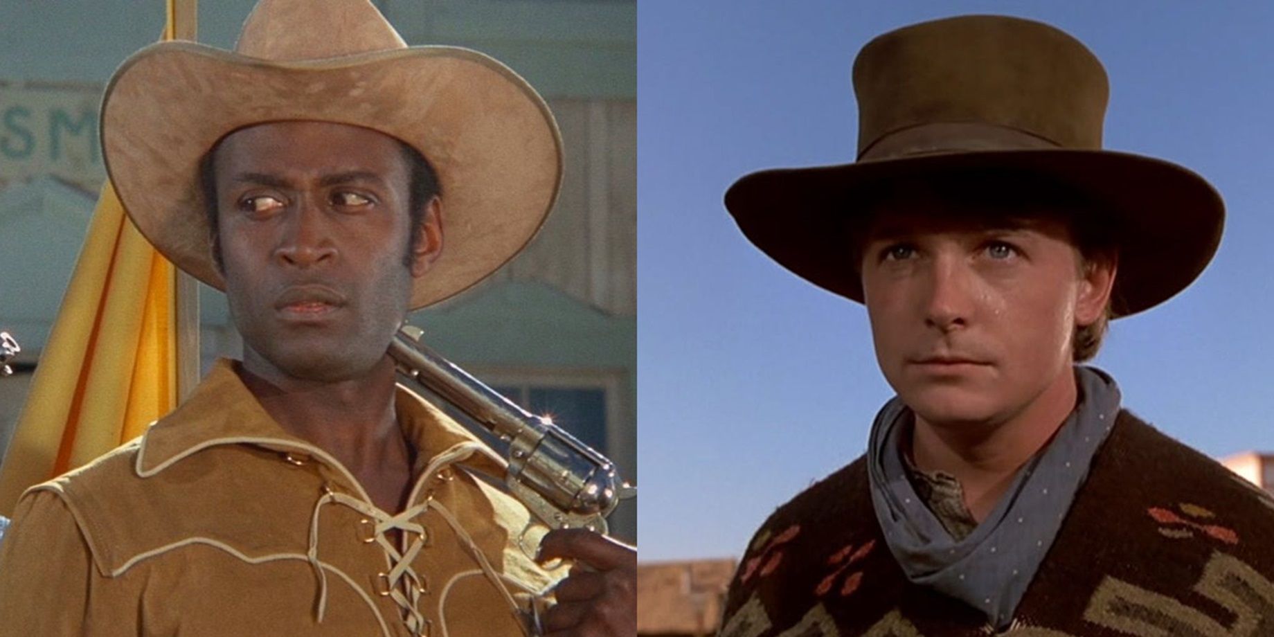 Split image of Sheriff Bart in Blazing Saddles and Marty McFly in Back to the Future Part III