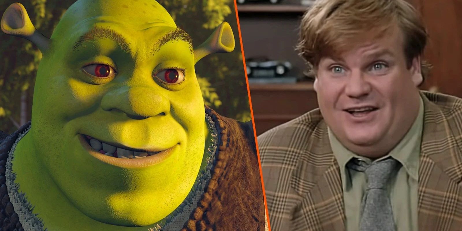 Imagem dividida de Shrek e Chris Farley