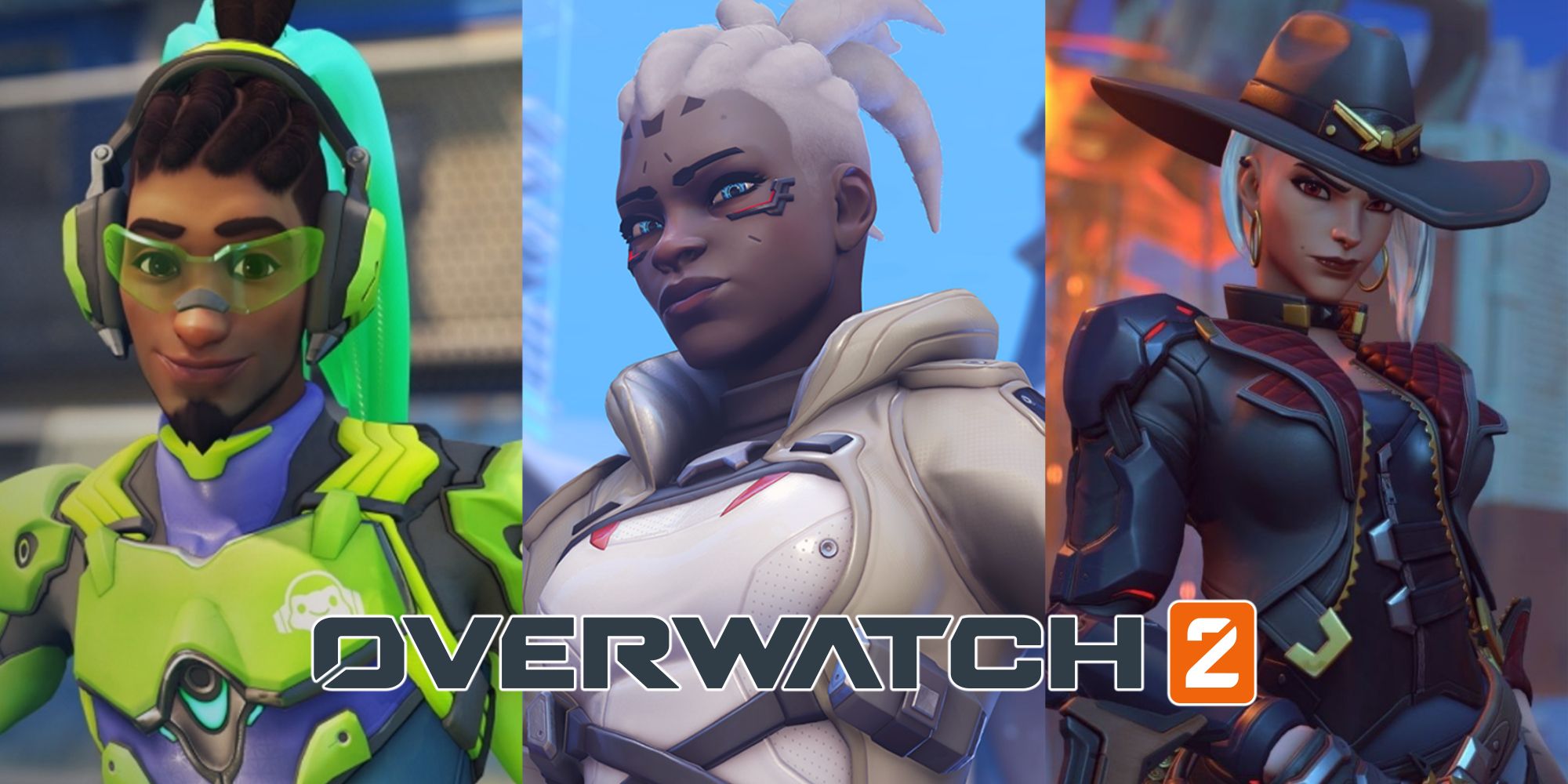 Split image of Sojourn, Lucio, and Ashe in Overwatch 2