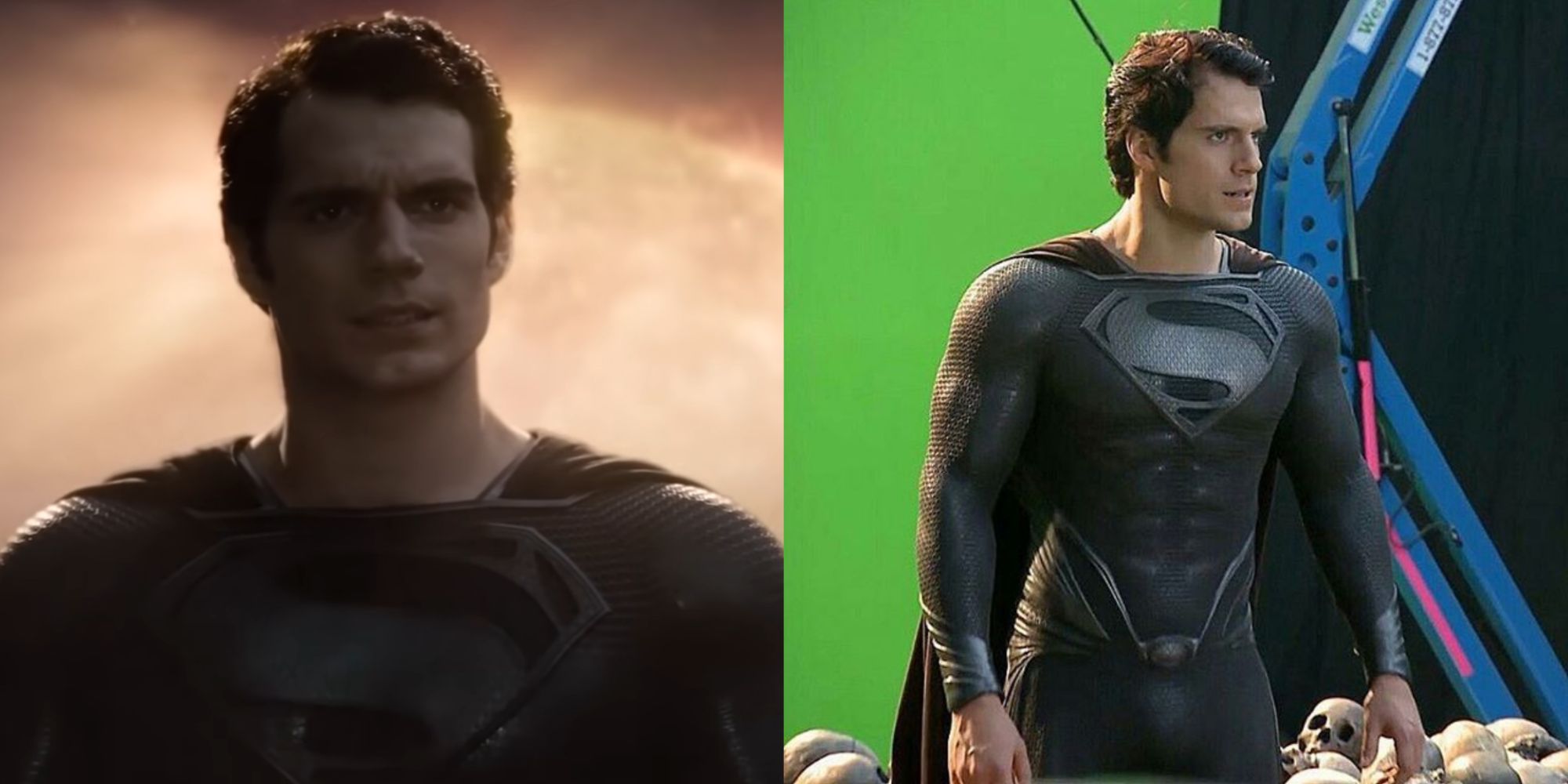 Split image of Superman in a black suit in Man Of Steel (2013)