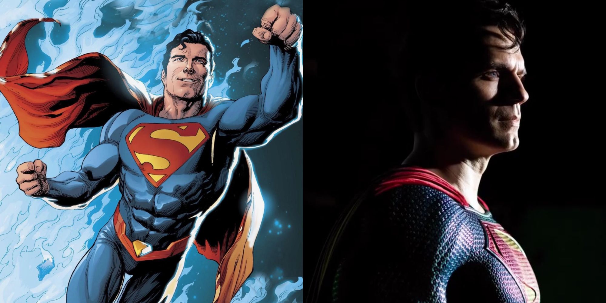 Imagem dividida do Superman nos quadrinhos e em Adão Negro (2022)