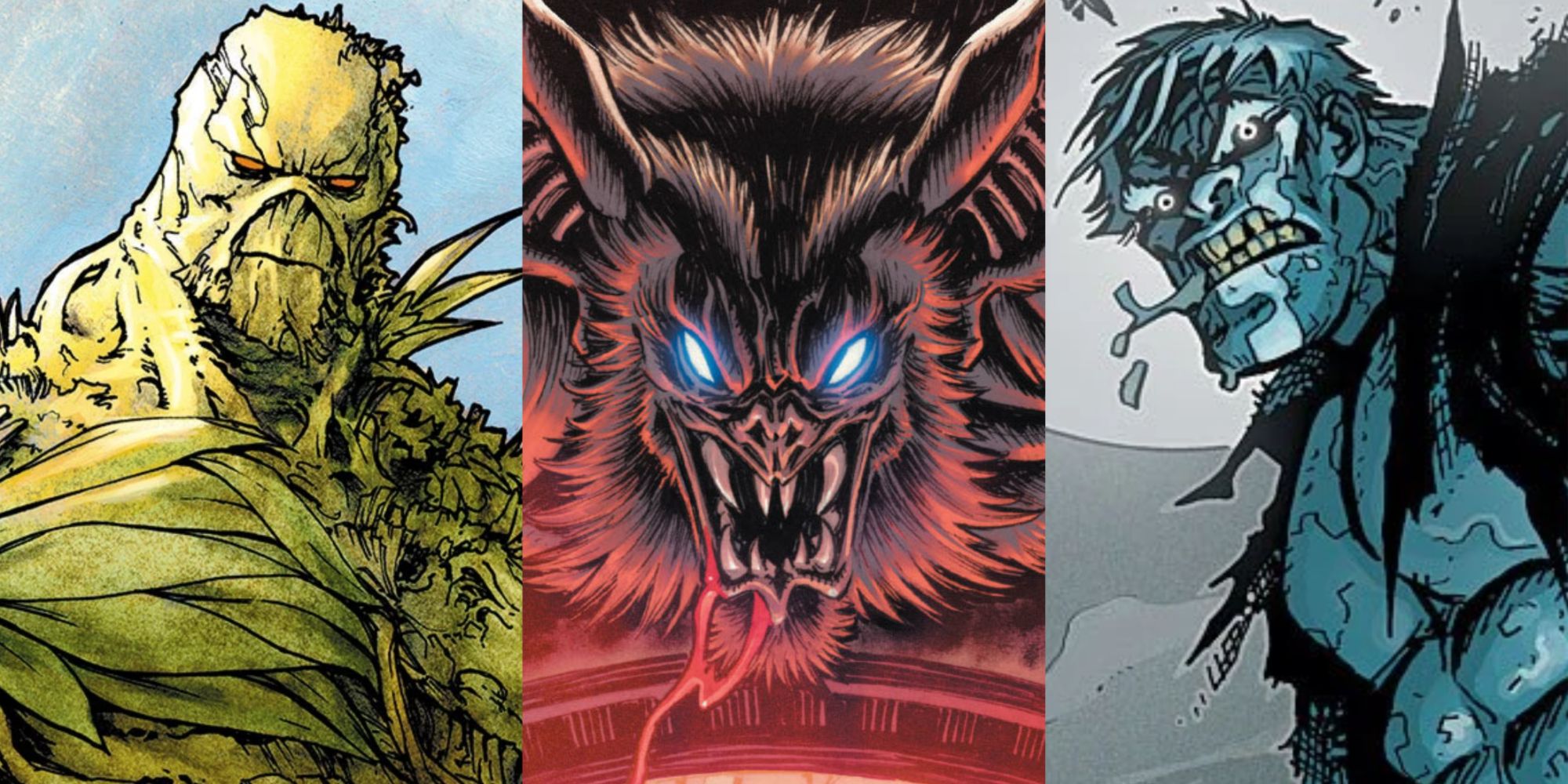 Split image of Swamp Thing, Man-Bat, and Solomon Grundy in DC comics