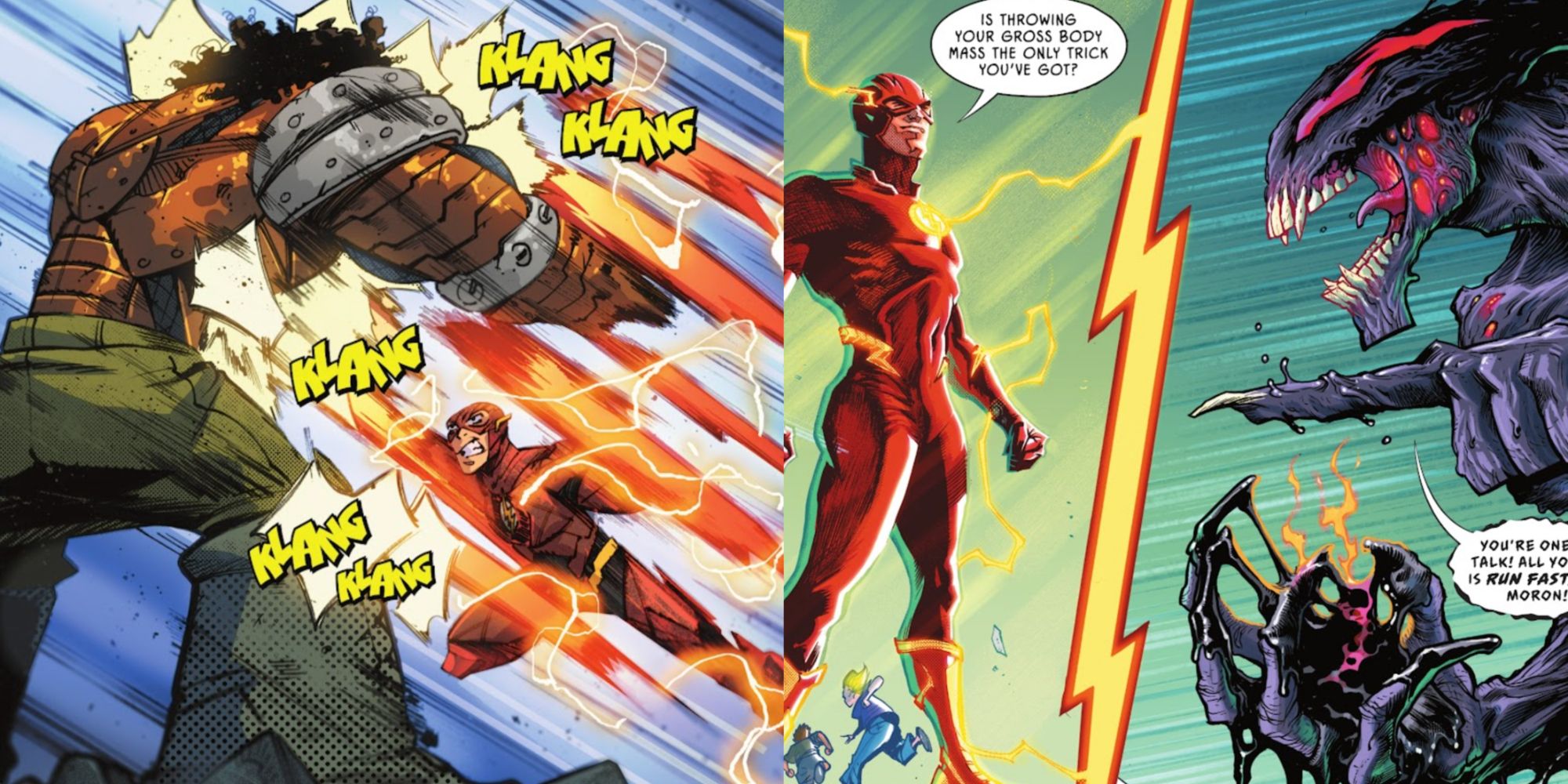 Split image of The Flash battling Girder and Tar Pit in The Flash The Fastest Man Alive