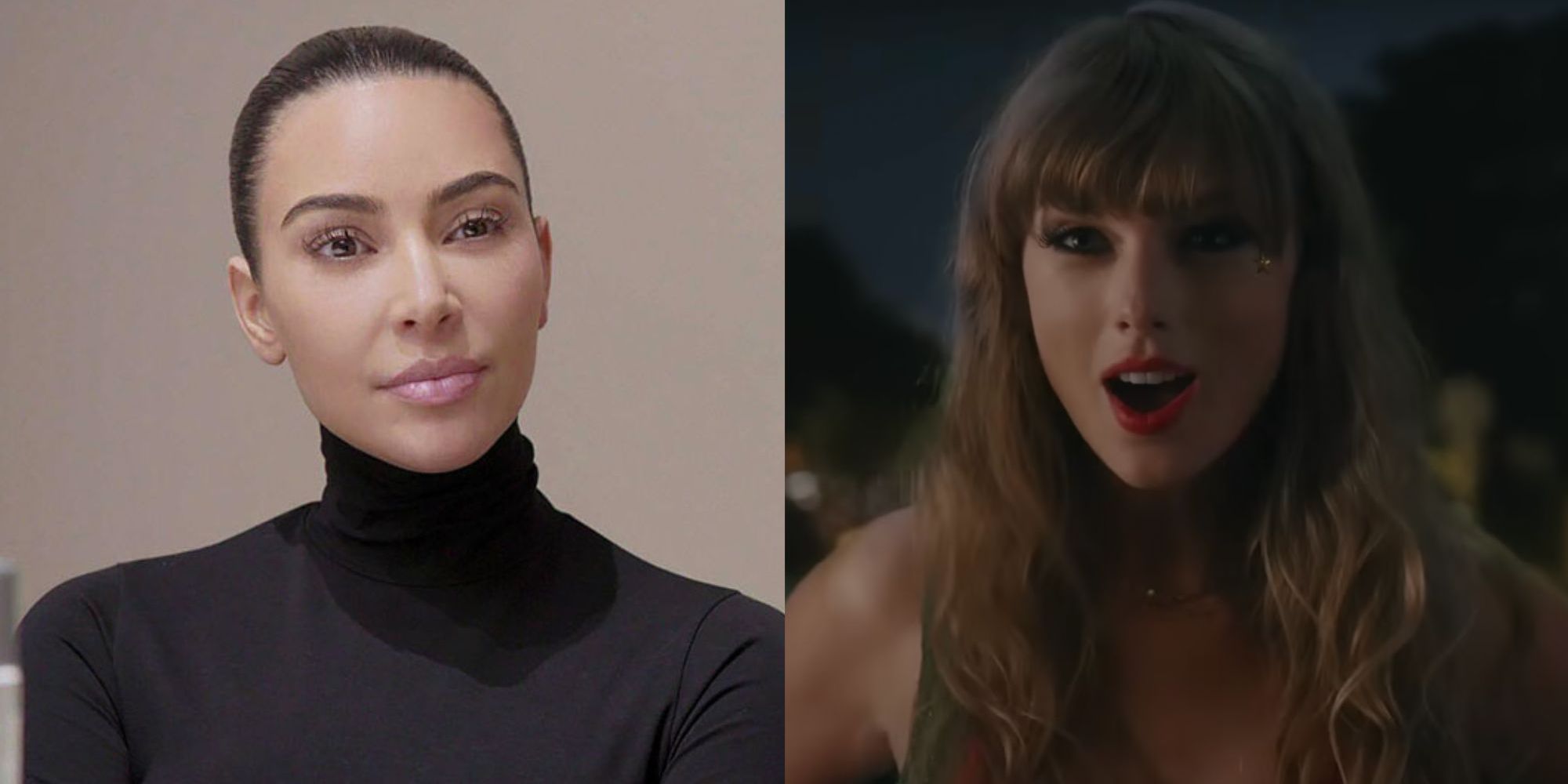 Imagem dividida da estrela dos Kardashians Kim Kardashian e Taylor Swift do 