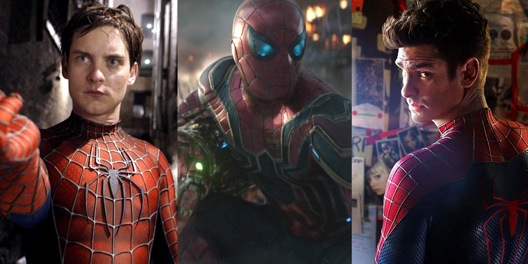 Split image of Tobey Maguire in Spider-Man 2, Tom Holland in Avengers Endgame, and Andrew Garfield in The Amazing Spider-Man 2