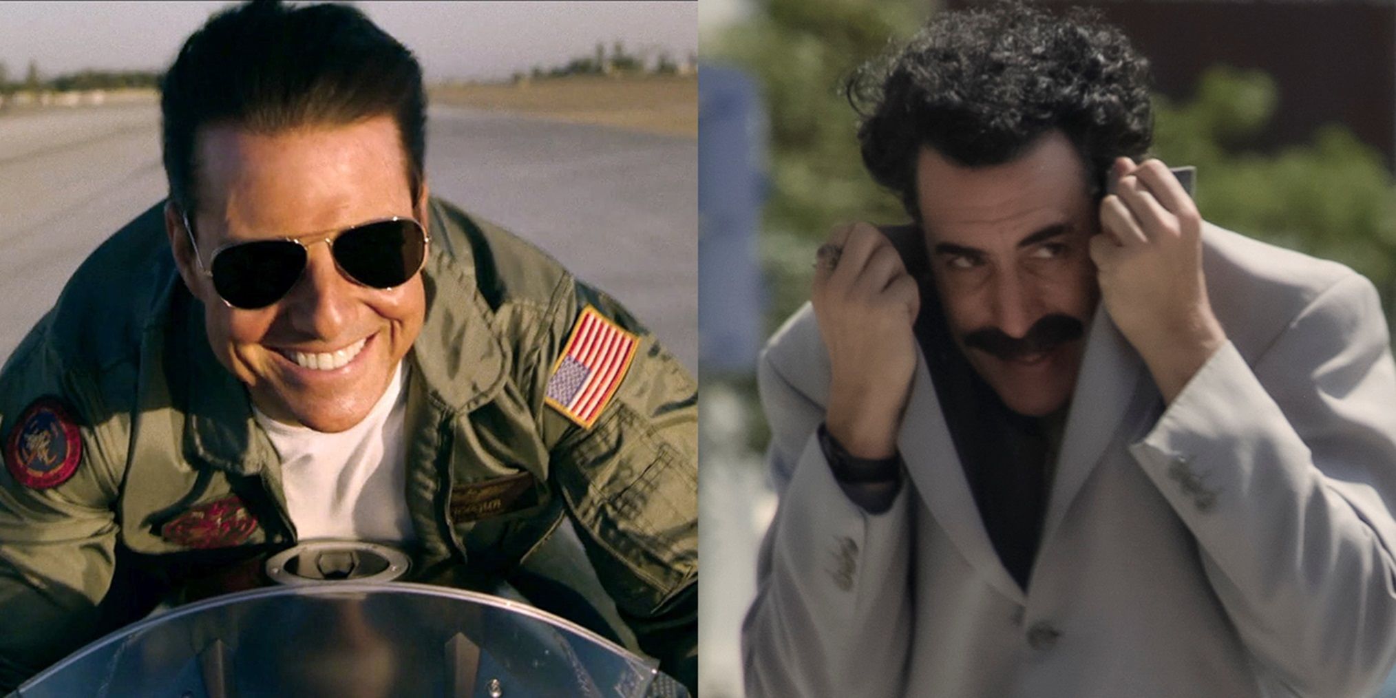 Split image of Tom Cruise in Top Gun Maverick and Sacha Baron Cohen in Borat Subsequent Moviefilm