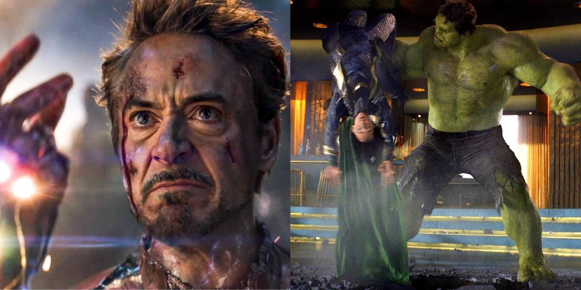 Split image of Tony Stark about to snap and Hulk holding Loki upside down in the MCU