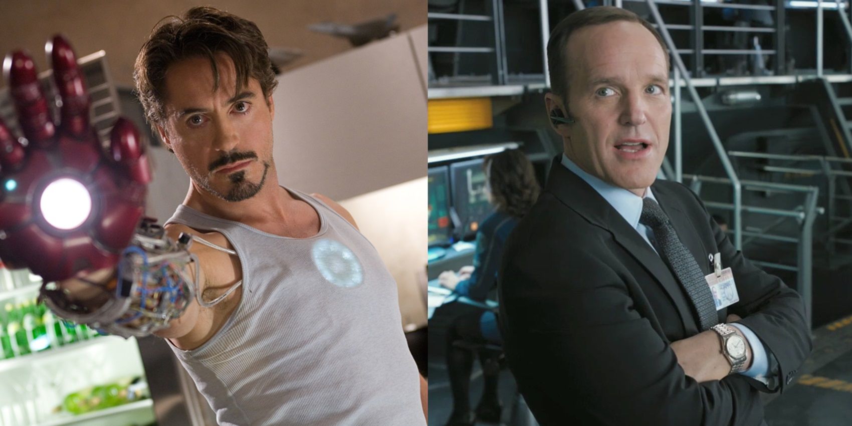 Split image of Tony in his workshop in Iron Man and Agent Coulson on the Helicarrier in The Avengers