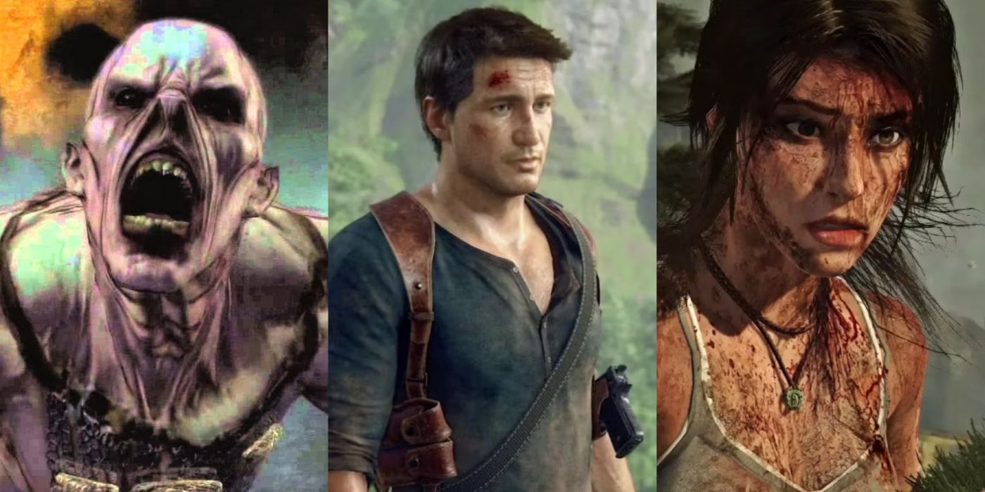 Split image of Uncharted Drake's Fortune, Uncharted 4 A Thief's End, and Tomb Raider
