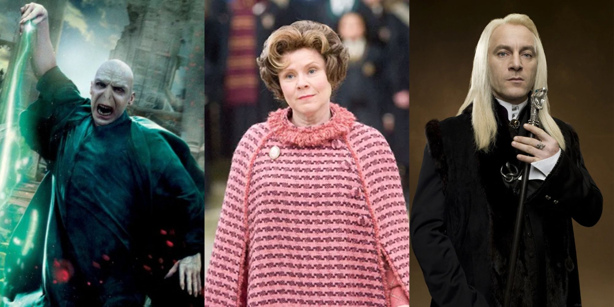 Split image of Voldemort mid-spell, Dolores smiling, and Lucius with his cane