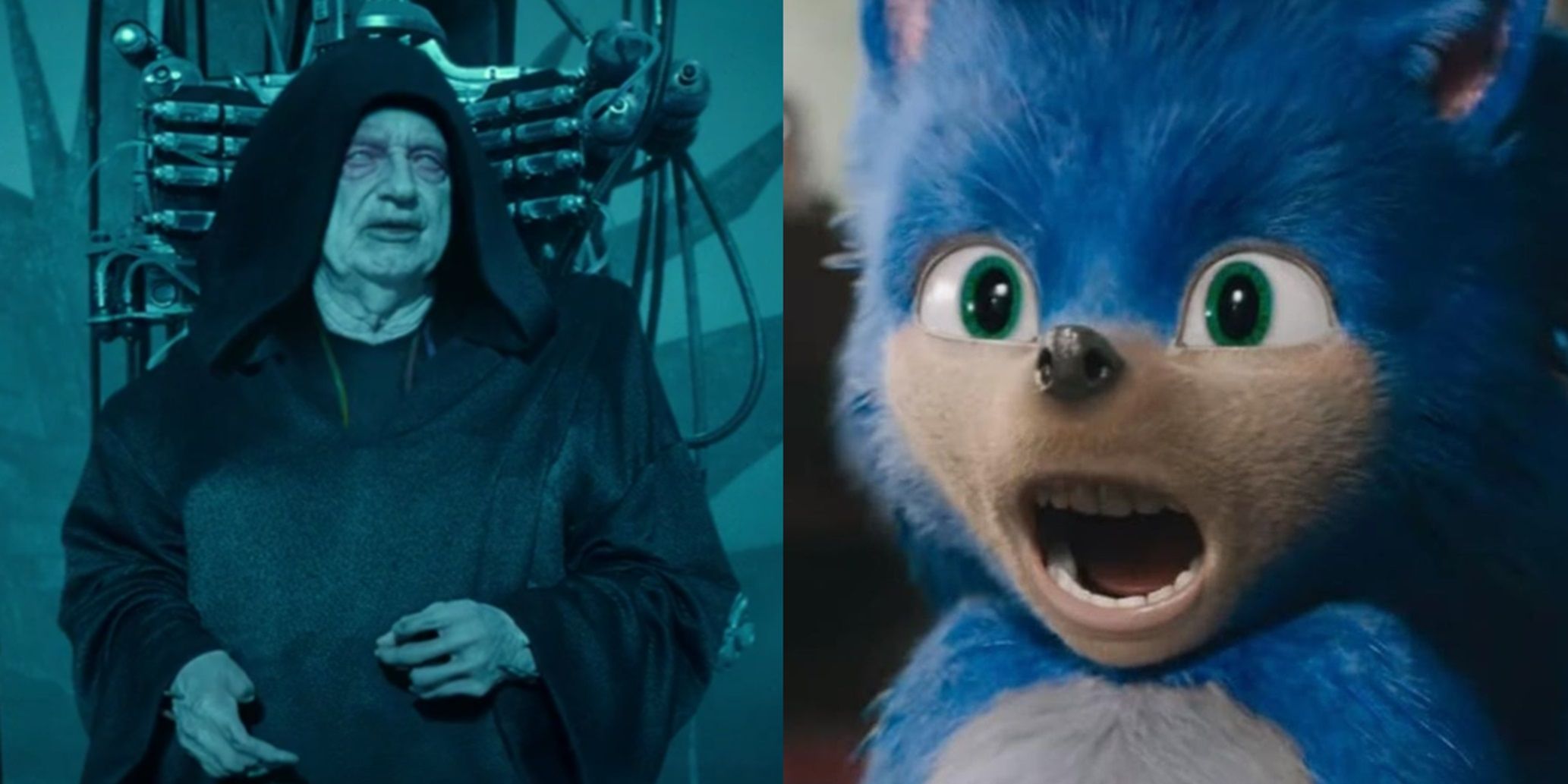 Split image of Zombie Palpatine in The Rise of Skywalker and Ugly Sonic in the original Sonic the Hedgehog trailer