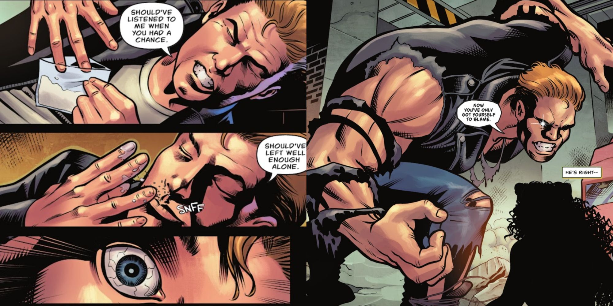 Split image of a corrupt cop taking Tar and becoming a metahuman in The Justice Society Files