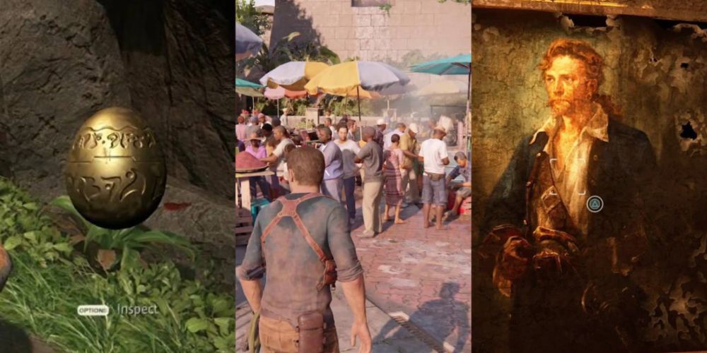 Split image of a precursor orb, Nate, and Guybrush Threepwood in Uncharted