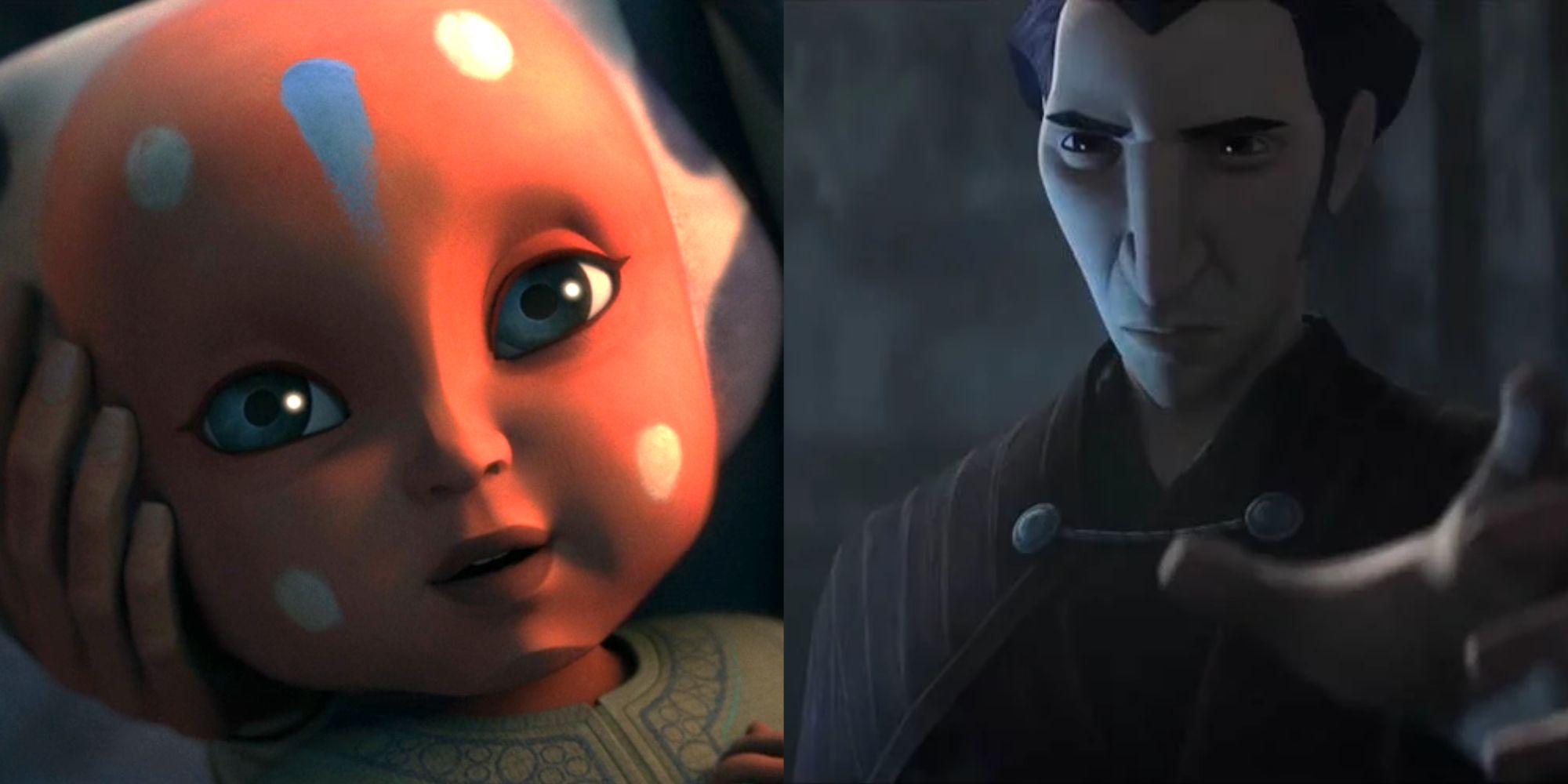 Split image of baby Ahsoka and Dooku in Tales of the Jedi