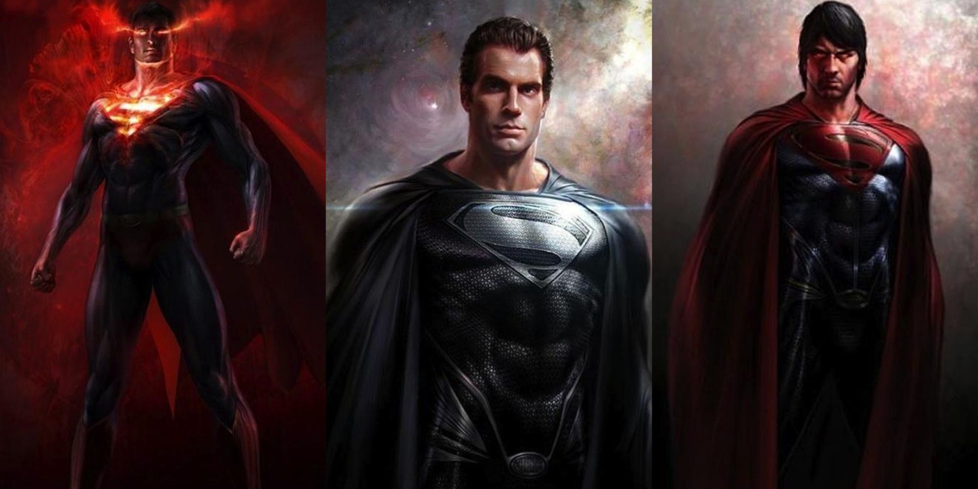 Split image of concept art for alternate Superman designs for Man Of Steel (2013)
