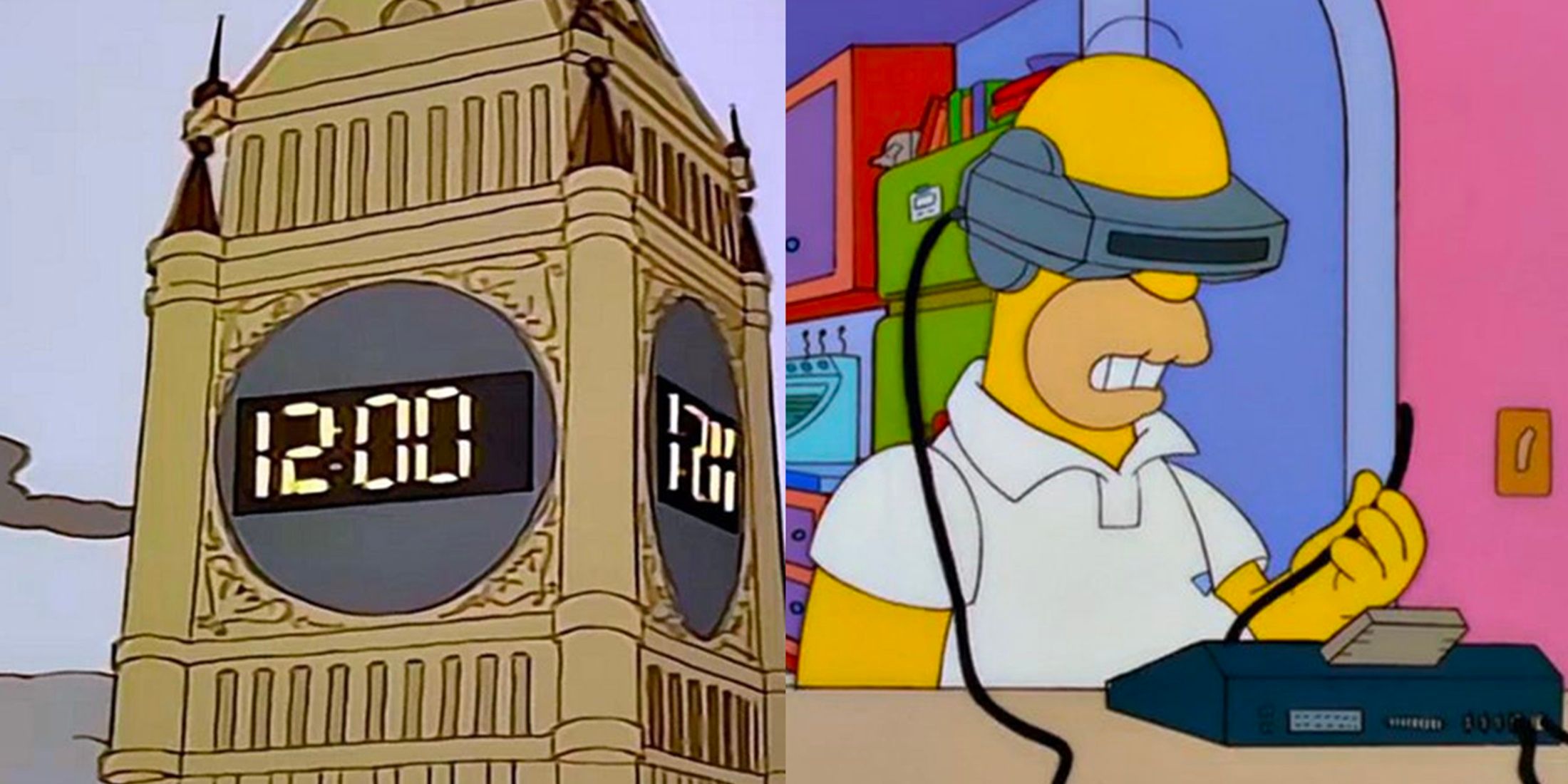 Split image of digital Big Ben and Homer eating virtual fudge in The Simpsons