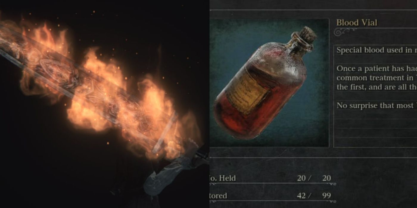 Split image of the Fire Paper effect on a sword and Blood Vial description in Bloodborne.