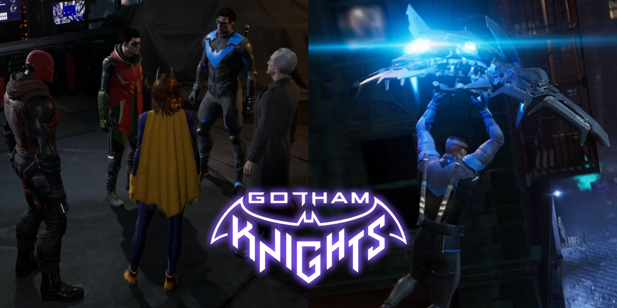 Split image of the Knights in the Belfry and Nightwing gliding with his Flying Trapeze in Gotham Knights (2022)