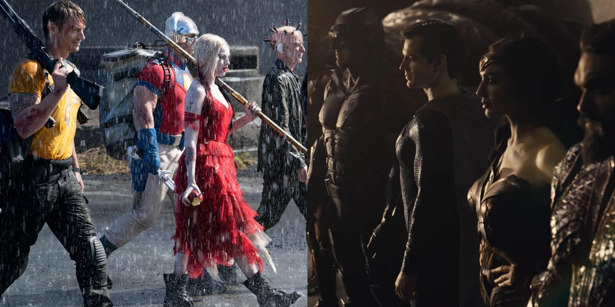 Split image of the Suicide Squad and the Justice League in the DCU