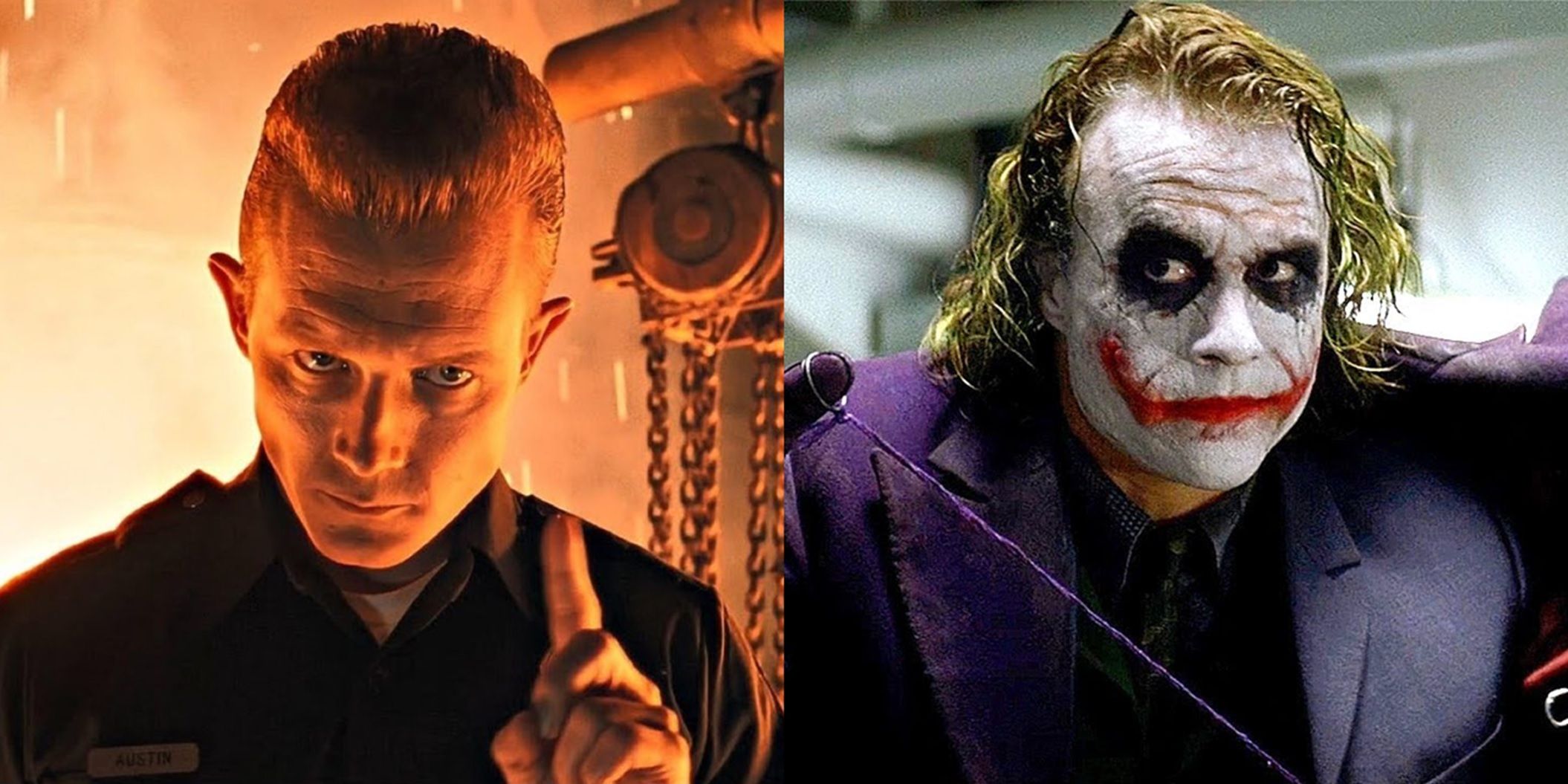 Split image of the T-1000 in Terminator 2 and the Joker in The Dark Knight