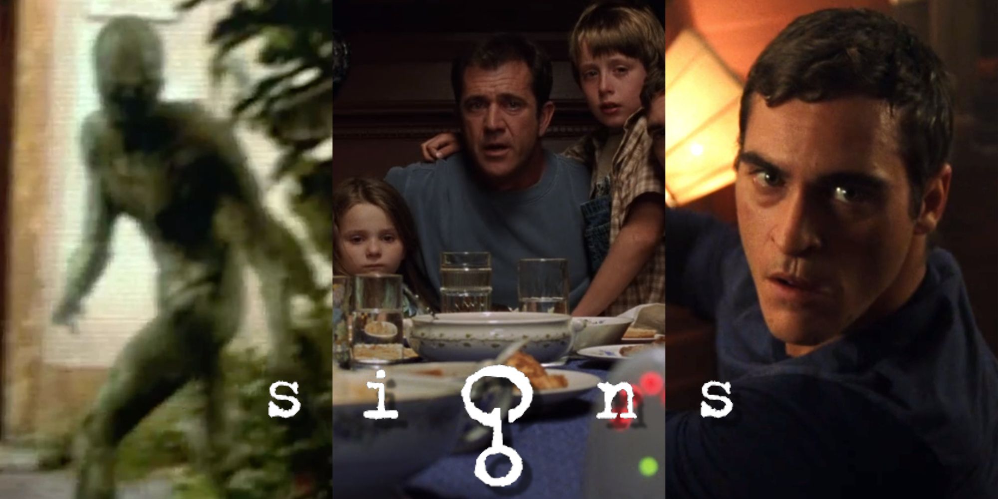 Split image of the alien, the Hess Family, and Merrill Hess in Signs (2002)