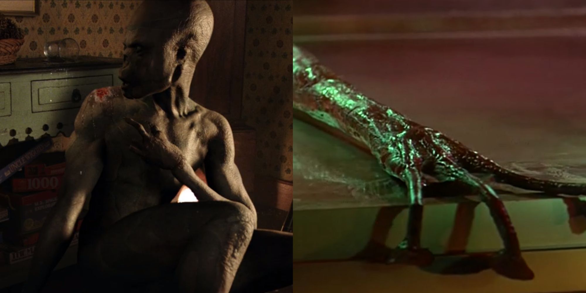 Split image of the aliens succumbing to their weakness in Signs (2002) and War Of The Worlds (1953)
