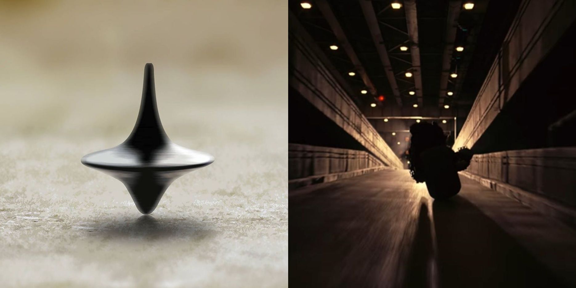 Split image of the spinning top in Inception and Batman on the Batpod in The Dark Knight